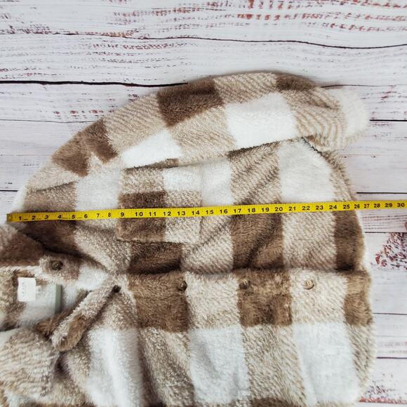 Le Lis Fuzzy Shacket Sweater Coat Cozycore Boho Aesthetic Brown/White Check Sz L - Picture 8 of 10